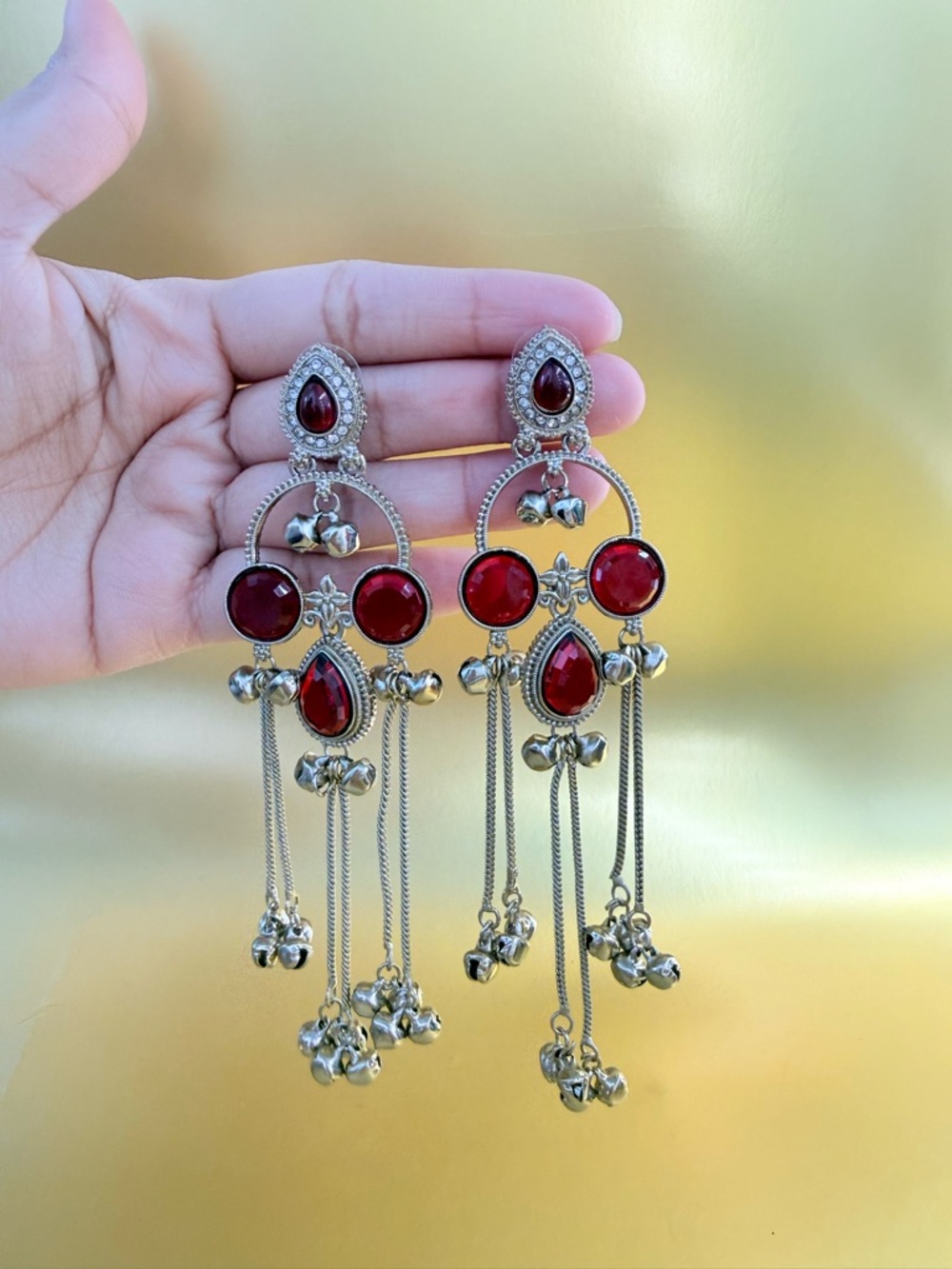 Silver-Tone Red Dangle Chandeliers Earrings - Elegant Women Jewelry